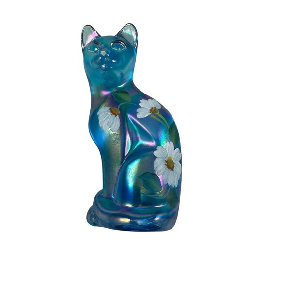Fenton Celeste Blue Glass Sitting Cat Hand Painted Dancing Daisies Vintage 2004 - Picture 6 of 7